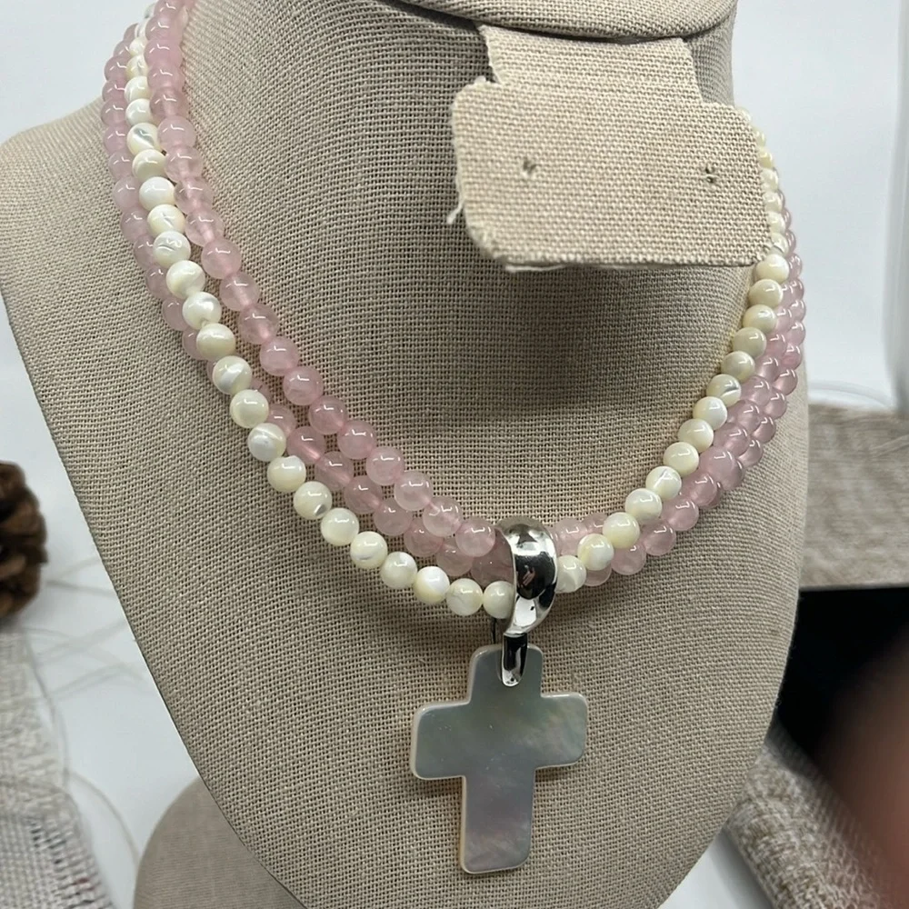 Vintage Rose Quartz Pearl Necklace Set - Mother-of-Pearl Cross Pendant - Picture 1 of 16